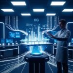 A futuristic visualization of 6G technology connecting human holograms and smart cities.