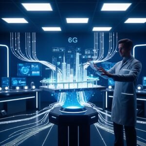 A futuristic visualization of 6G technology connecting human holograms and smart cities.