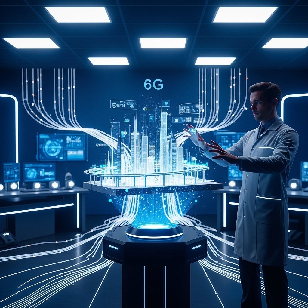 A futuristic visualization of 6G technology connecting human holograms and smart cities.