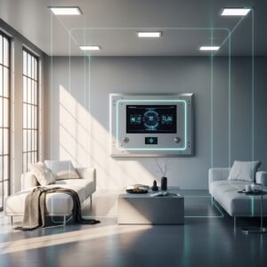 A modern smart home interior featuring glowing AI interfaces and connected energy-efficient appliances.