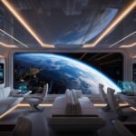 A luxury commercial spacecraft interior showing passengers looking at the Earth from orbit.