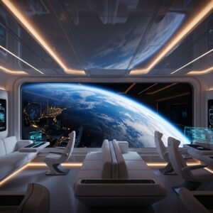 A luxury commercial spacecraft interior showing passengers looking at the Earth from orbit.