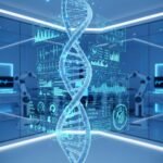 Advanced biotechnology interface showing human DNA and health monitoring metrics.