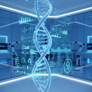Advanced biotechnology interface showing human DNA and health monitoring metrics.