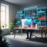 A professional in a modern home office using holographic displays and VR for a virtual meeting.