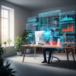 A professional in a modern home office using holographic displays and VR for a virtual meeting.